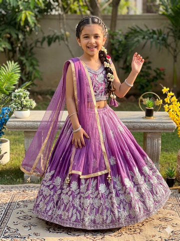 Evanik Purple Designer Sequence Embroidered Work Wedding Kids Lehenga Choli - Dista