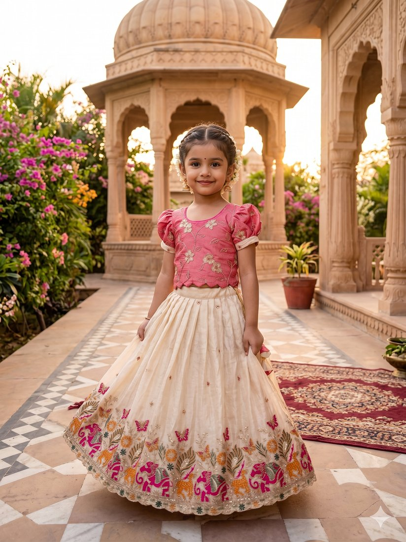 Evanik Pink Space Silk Elephant Mission Embroidered Work Kids Lehenga Choli Set - Dista