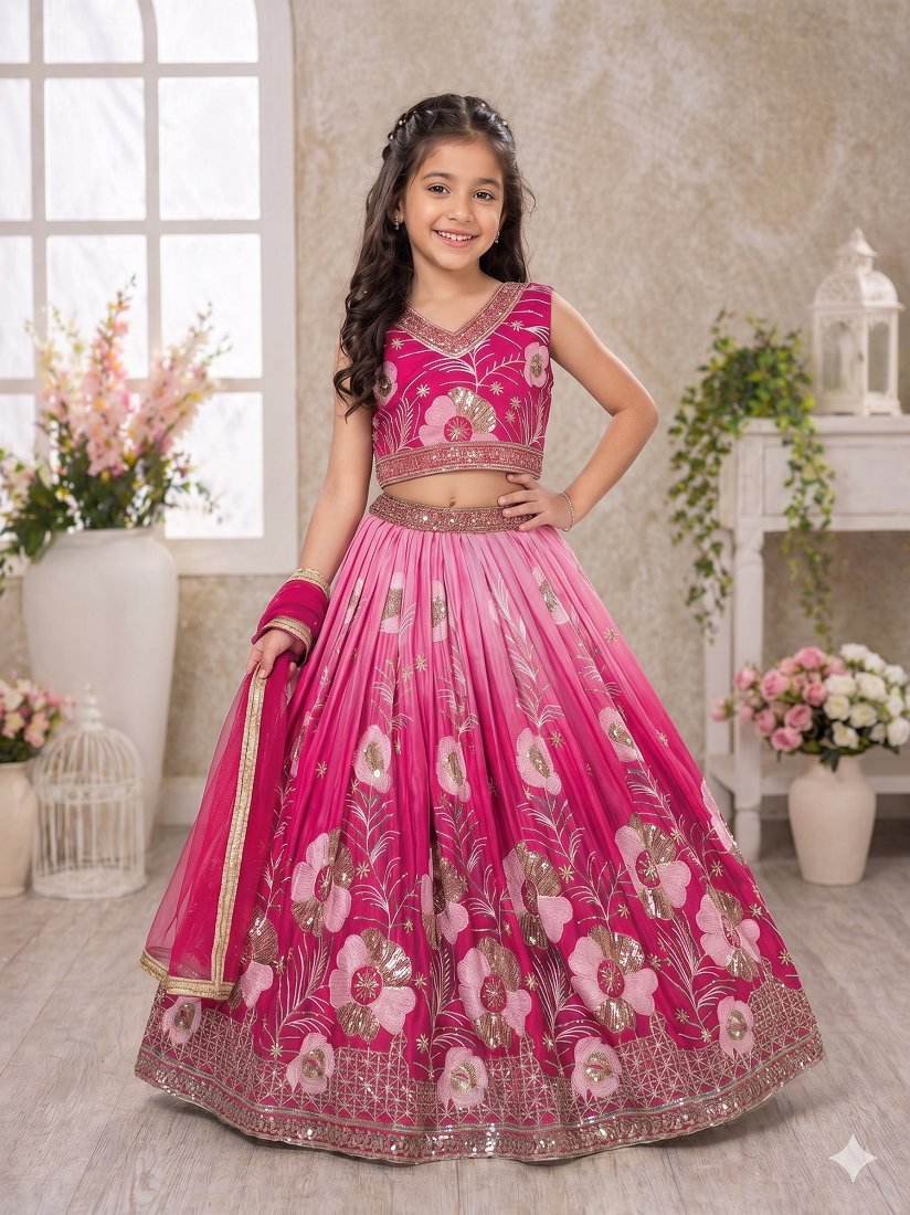 Evanik Chinon Silk Sequin Embroidered Work & Digital Print Kids Lehenga Choli - Pink