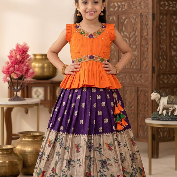 Evanik Orange Soft Khadi Georgette With Beutifull Handwork Kids Lehenga Choli - Dista