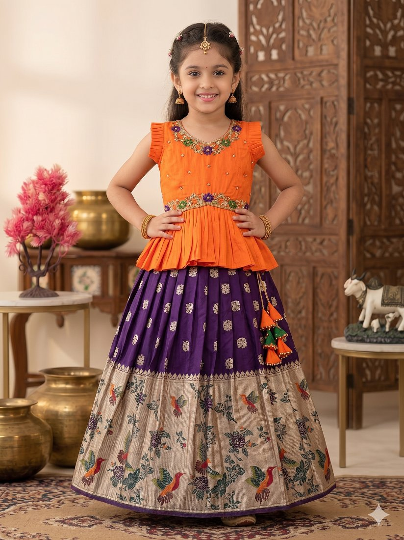 Evanik Orange Soft Khadi Georgette With Beutifull Handwork Kids Lehenga Choli - Dista
