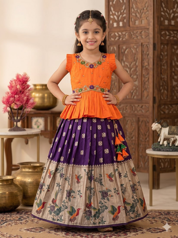 Evanik Orange Soft Khadi Georgette With Beutifull Handwork Kids Lehenga Choli - Dista