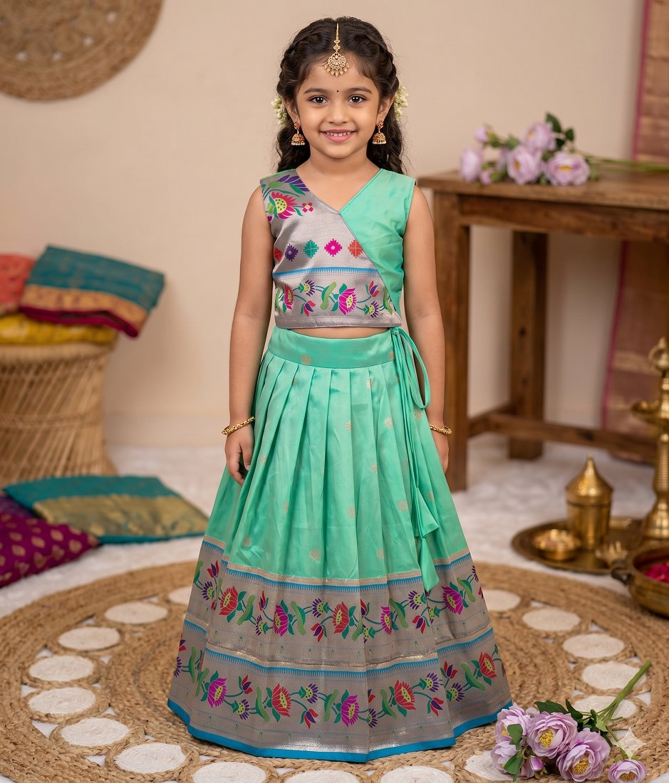 Evanik Turquoise Kids Paithani Silk Lotus Pattern Lehenga Choli - Dista