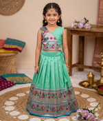 Thumbnail for Evanik Turquoise Kids Paithani Silk Lotus Pattern Lehenga Choli - Dista