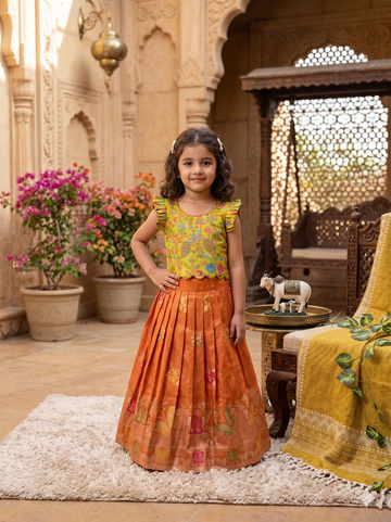 Evanik Girls Orange Soft tissue Butterfly Print Lehenga Choli with 3D Weaving Work - Dista