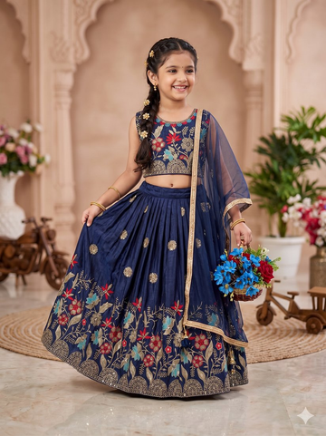 Evanik Blue Designer Sequence Embroidered Work Wedding Kids Lehenga Choli - Dista