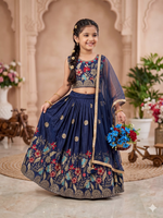 Thumbnail for Evanik Blue Designer Sequence Embroidered Work Wedding Kids Lehenga Choli - Dista