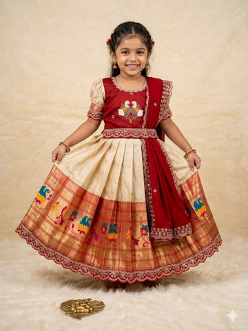 Evanik Red Kids Paithani Simmer Silk Zari Weaving Pavadai Lehenga Choli Set - Dista
