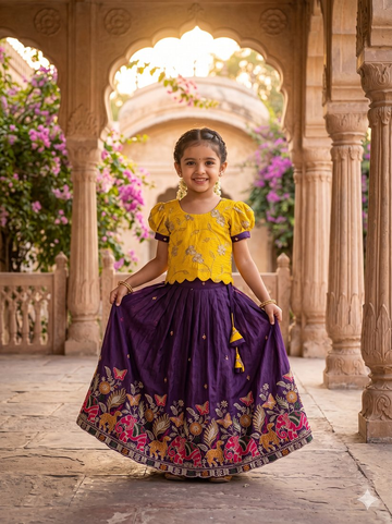 Evanik Yellow Space Silk Elephant Mission Embroidered Work Kids Lehenga Choli Set - Dista