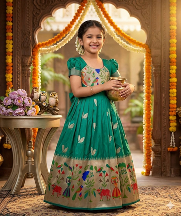 Evanik Rama Green Soft Paithani Silk Zari Weaving Birds Pattern Kids Gown - Dista