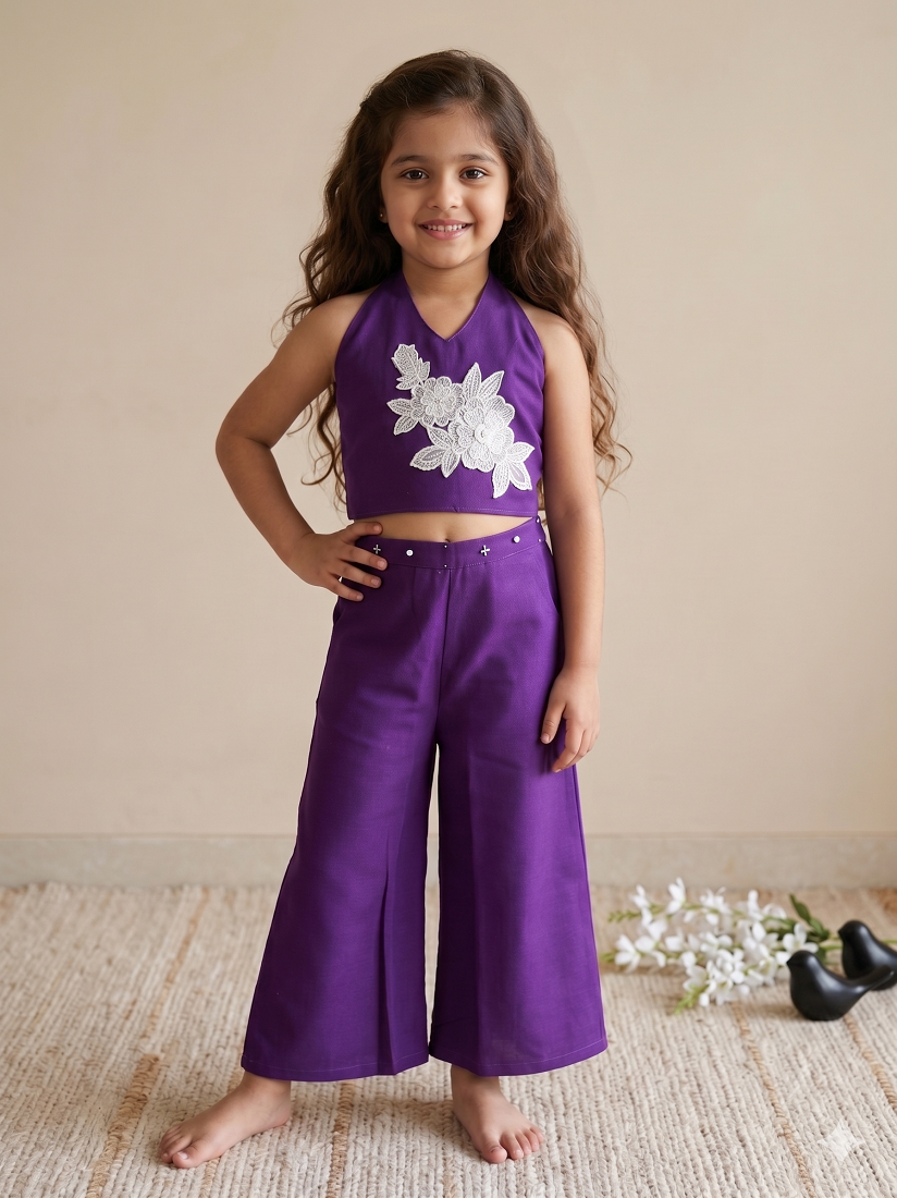 Evanik Purple Pure Khadi Cotton With Patch Work Kids Summer Co-Ord Set - Dista