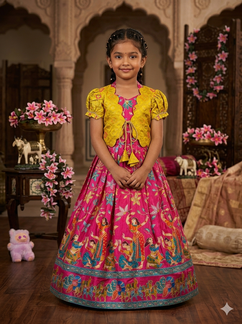 Evanik Pink Designer Viscose Natural Crepe Position With Kalamkari Work Gown Koti for Kids - Dista