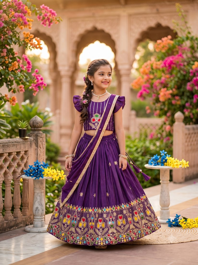 Evanik Kids Silk Peacock Embroidered Lehenga Choli With Dupatta - Purple