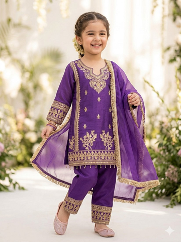 Evanik Purple Designer Party Wear Heavy Silk Kids Top Pant & Dupatta Set - Dista
