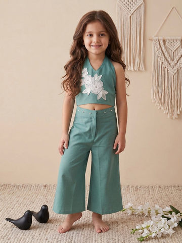 Evanik Green Pure Khadi Cotton With Patch Work Kids Summer Co-Ord Set - Dista