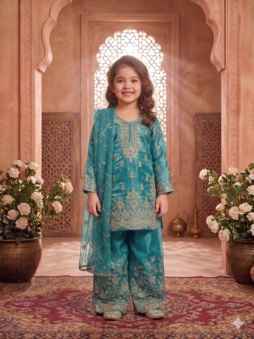 Evanik Turquoise Designer Wedding Embroidered Work Kids Palazzo Set - Dista
