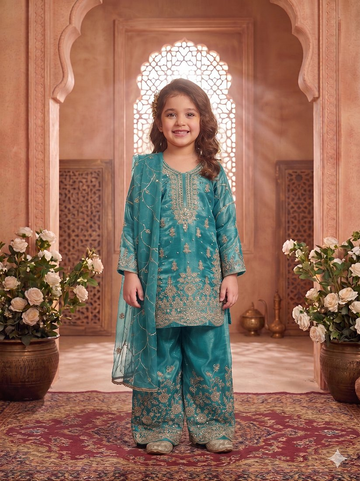 Evanik Turquoise Designer Wedding Embroidered Work Kids Palazzo Set - Dista