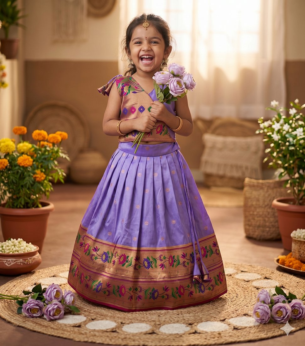 Evanik Purple Kids Paithani Silk Lotus Pattern Lehenga Choli - Dista