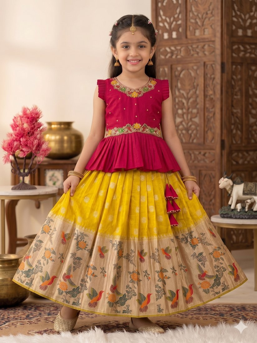 Evanik Red Soft Khadi Georgette With Beutifull Handwork Kids Lehenga Choli - Dista