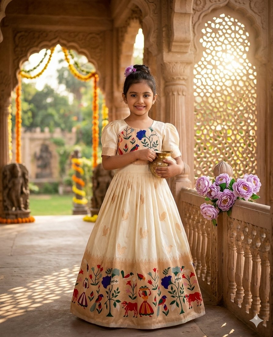 Evanik White Soft Paithani Silk Zari Weaving Birds Pattern Kids Gown - Dista