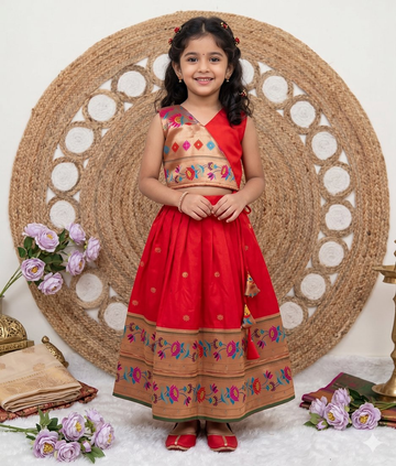 Evanik Red Kids Paithani Silk Lotus Pattern Lehenga Choli - Dista