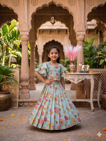 Evanik Blue Kota Chex Fabric With Floral Printed Kids Lehenga Choli - Dista