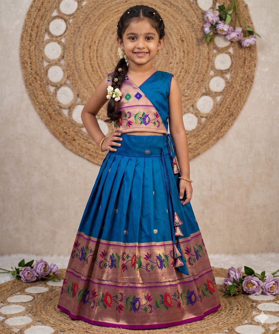 Evanik Blue Kids Paithani Silk Lotus Pattern Lehenga Choli - Dista