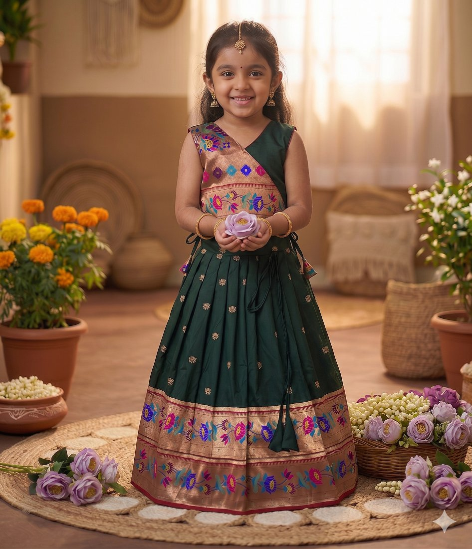 Evanik Green Kids Paithani Silk Lotus Pattern Lehenga Choli - Dista