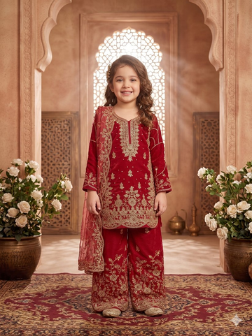Evanik Pink Designer Wedding Embroidered Work Kids Palazzo Set - Dista