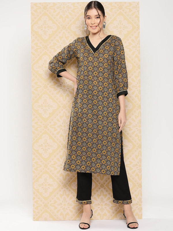 Yufta Geometric Printed Regular Pure Cotton Kurta with Trousers