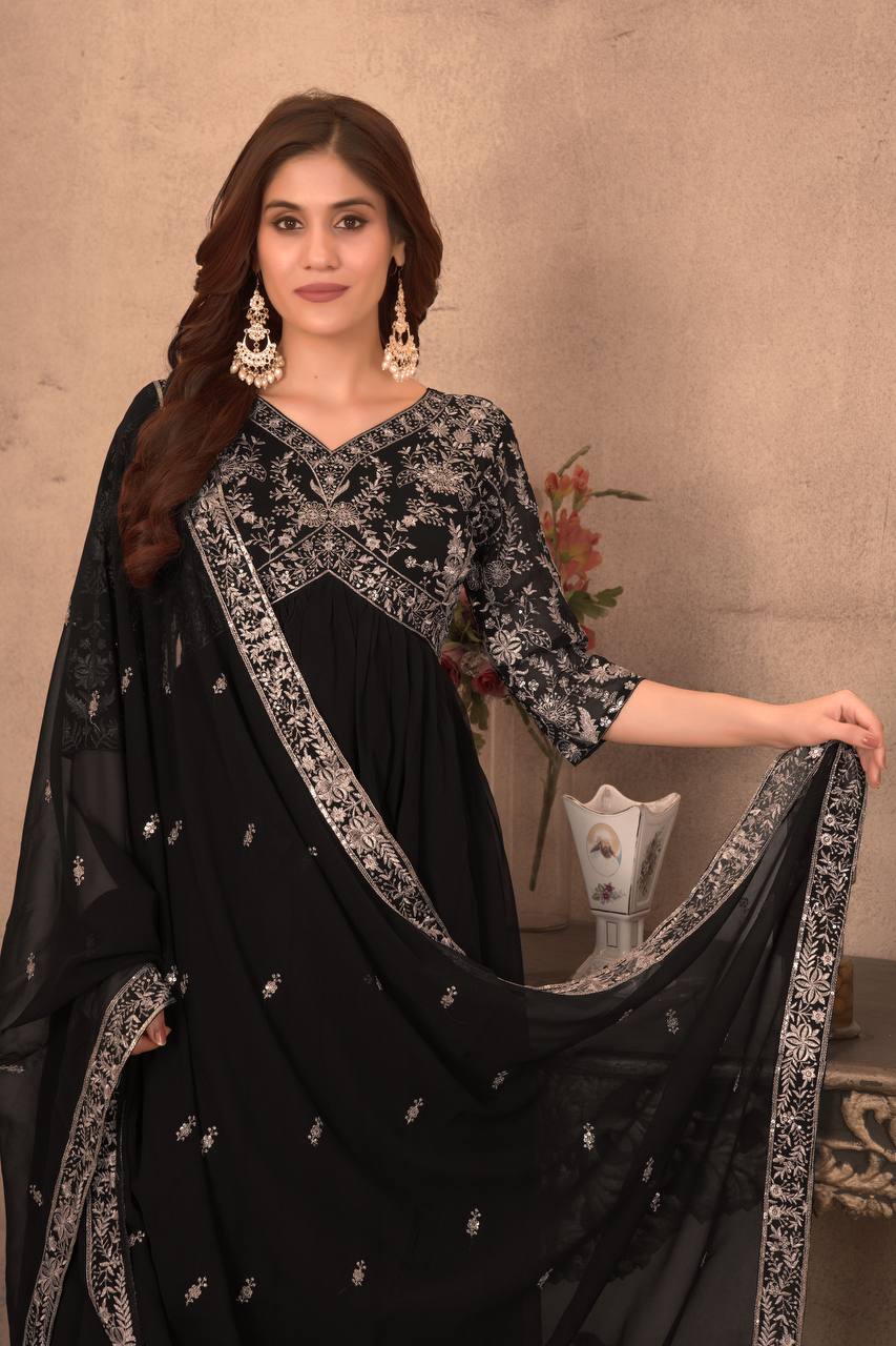 Lehenga Mart Elegance black embroidery gown with pant and dupatta for Girls - Distacart