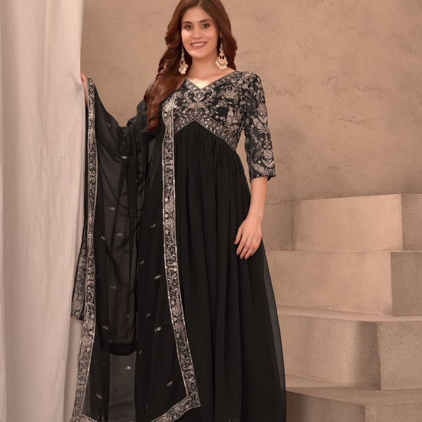 Lehenga Mart Elegance black embroidery gown with pant and dupatta for Girls - Distacart