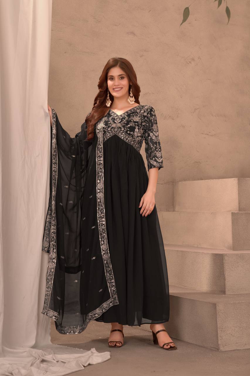 Lehenga Mart Elegance black embroidery gown with pant and dupatta for Girls - Distacart