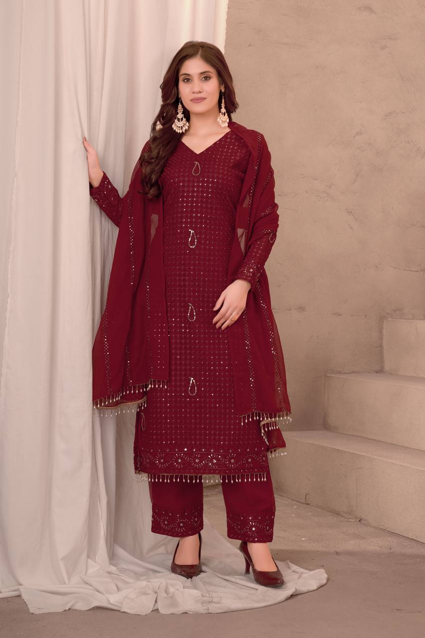 Lehenga Mart Festival maroon embroidery Ready Made kurti with pant and dupatta - Distacart