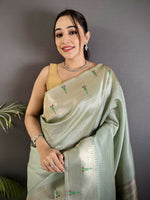 Thumbnail for Joban Fashion Pale Blue Peacock & Floral Motifs Tissue Paithani Saree - Dista
