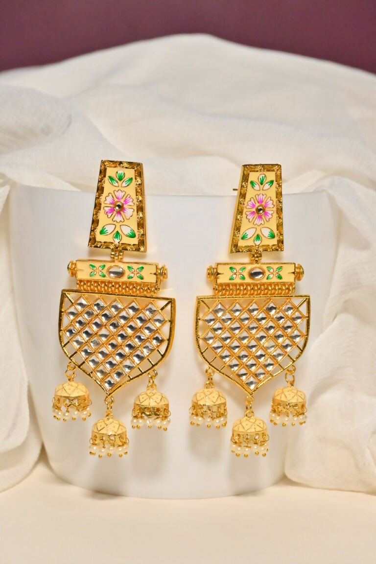 Beige Traditional Gold-Polished Meenakari Jhumka Jhumki Earrings Indian Jewellery For Women Girls By House of Ree - Distacart