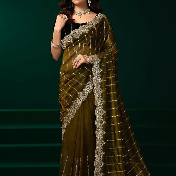 Joban Fashion Mehendi Green Net Party Wear Sarees - Distacart