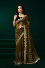 Thumbnail for Joban Fashion Mehendi Green Net Party Wear Sarees - Distacart