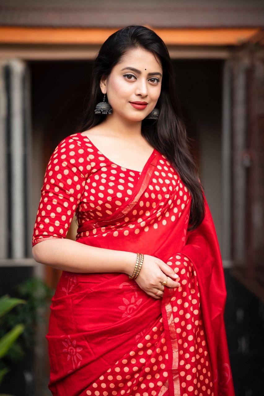 Red Pure Chanderi Hand Block Saree with Unstitched Blouse - Hiral Fashion - Distacart