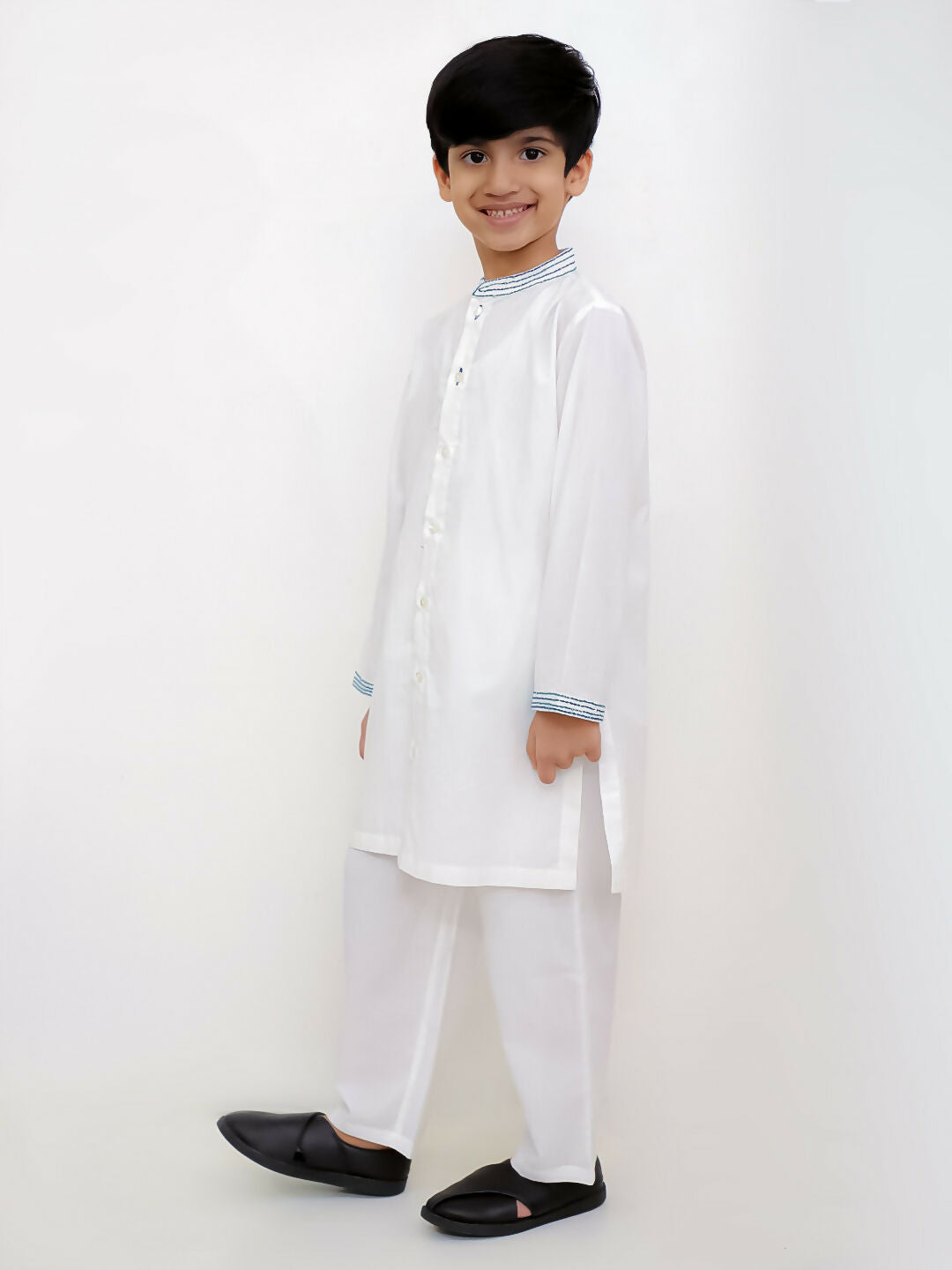 Lil Drama Shor-Gul White Kurta Pyjama Set For Boys