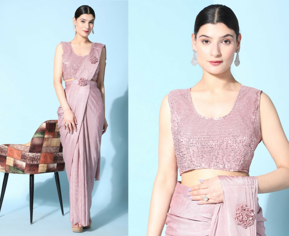 Pink Imported Crush Lycra Texture Pattern Ready to Wear Saree with stitched Blouse - Nirvana - Distacart