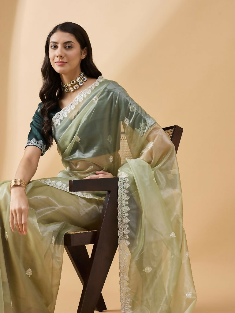 Green Organza Sequence Embroidered Saree with Unstitched Blouse - Satya - Distacart