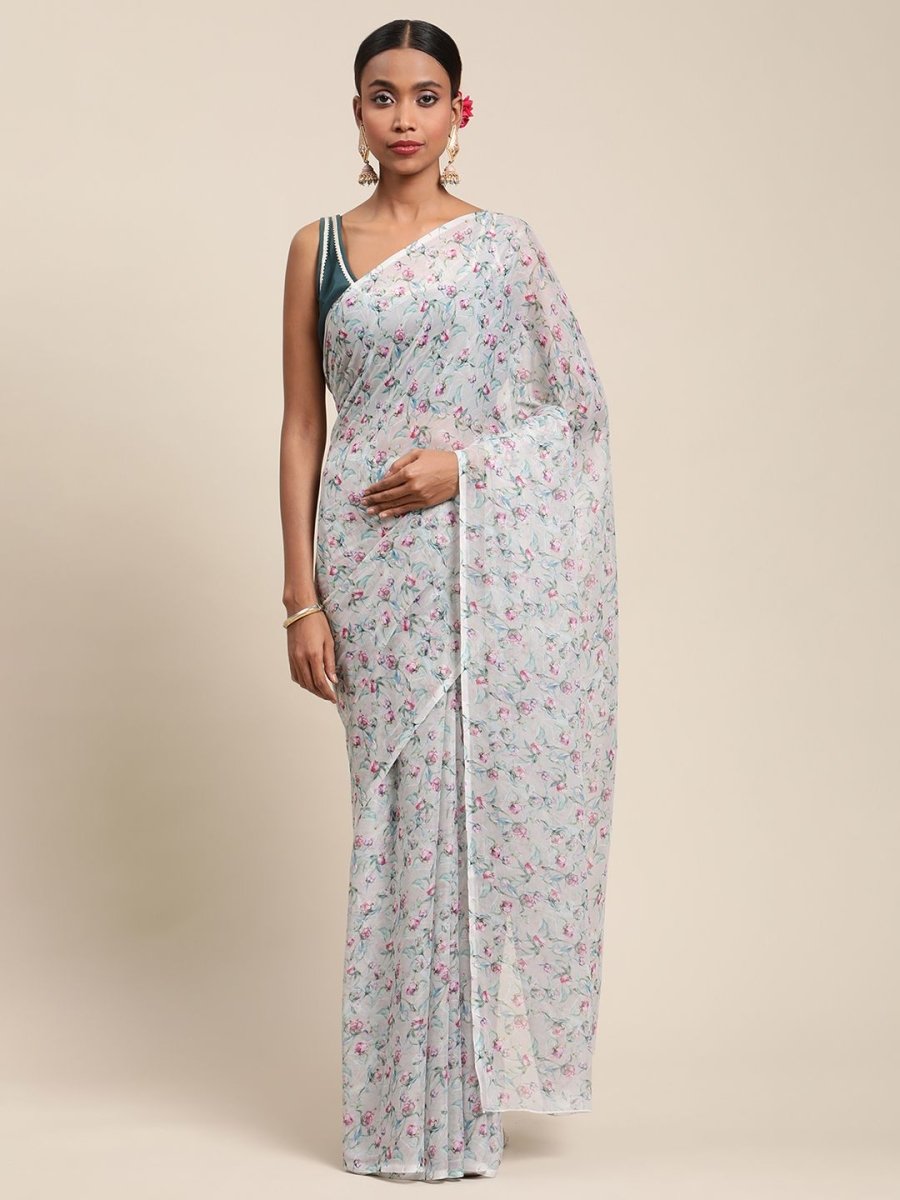Ahalyaa Women's Grey Chiffon Digital Print Floral Saree - Distacart