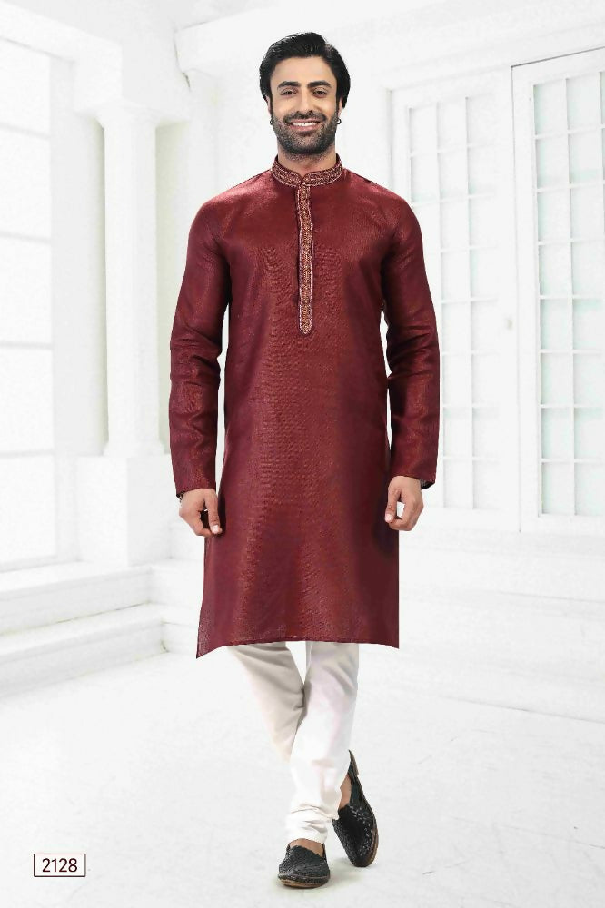 Raivat Ethnic Linen Cotton Thread Work Kurta Pajama In Maroon Colour - Dista