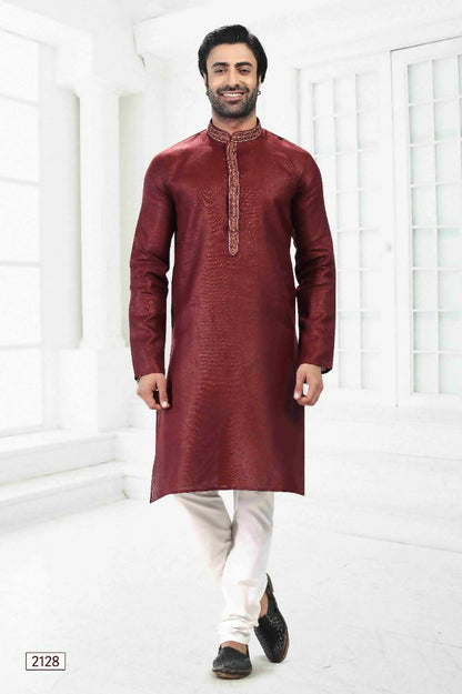 Raivat Ethnic Linen Cotton Thread Work Kurta Pajama In Maroon Colour - Dista