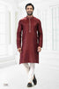Raivat Ethnic Linen Cotton Thread Work Kurta Pajama In Maroon Colour - Dista