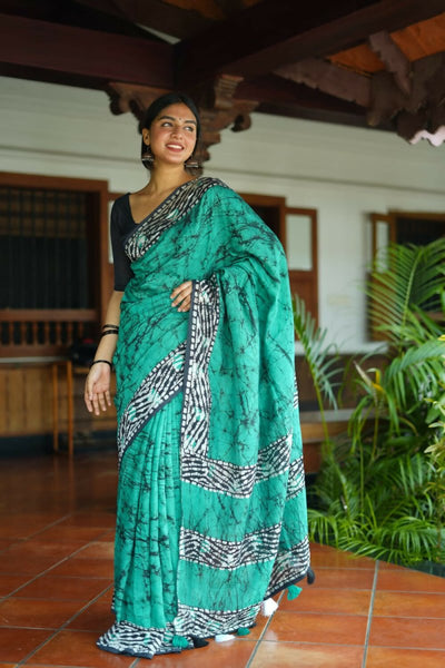 Arfa Fashion House Rama Pure Chanderi Cotton Batik Printed Saree - Distacart