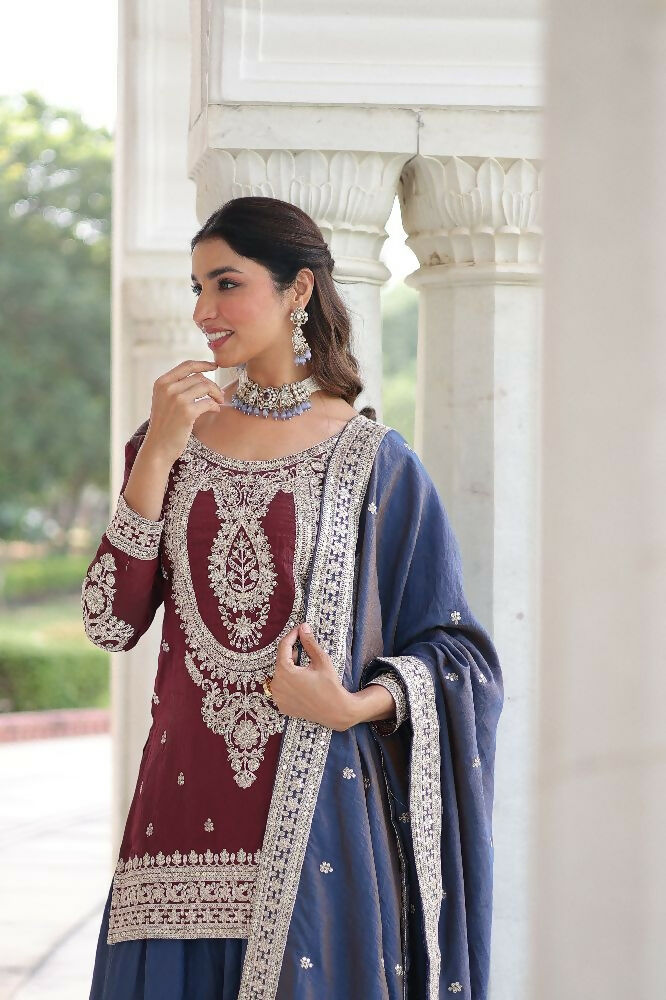 Joban Fashion Maroon Kurta Set Silk Sequins , Zari, Coding & Thread Embroidered work - Distacart