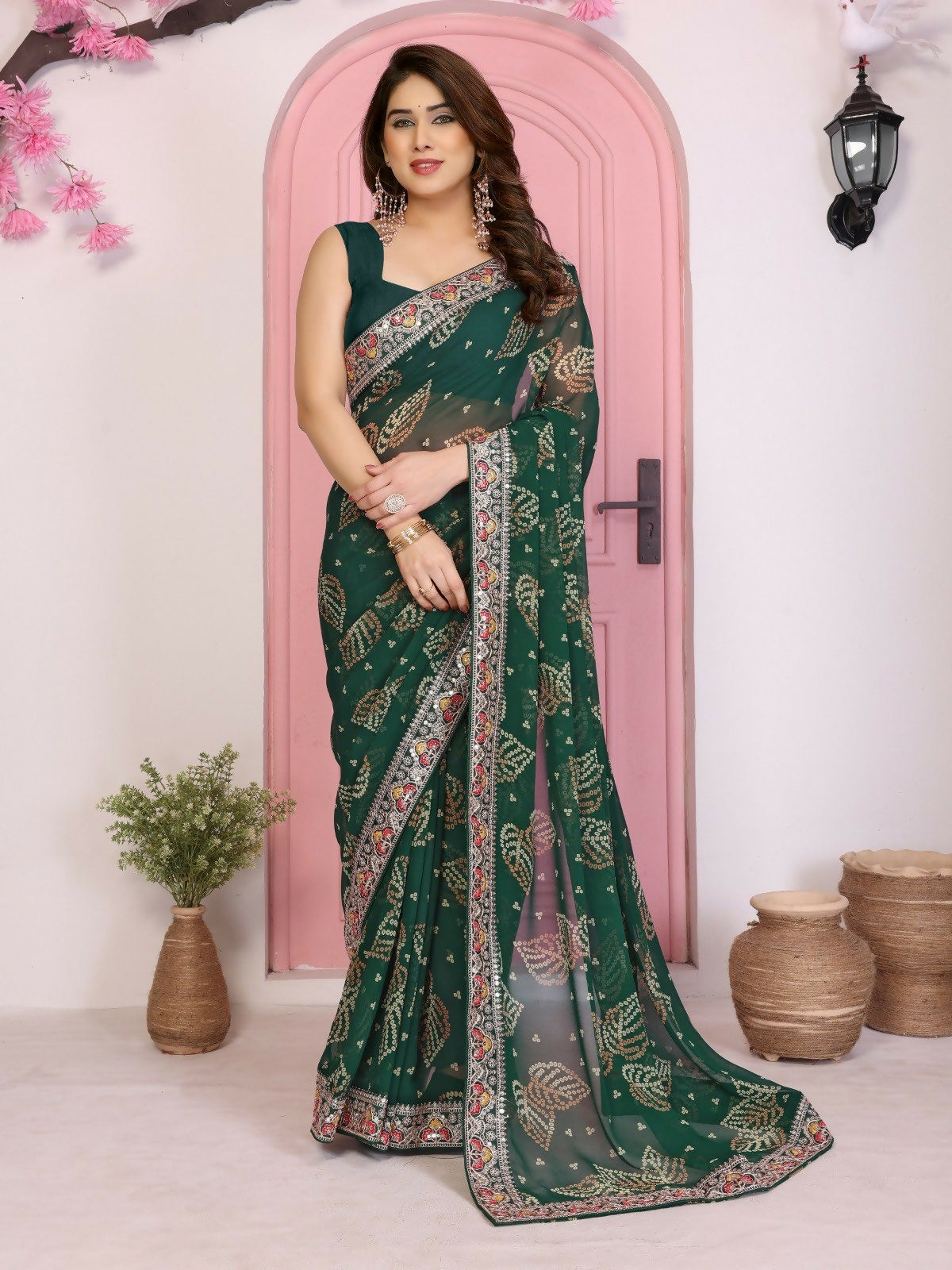 Ai Fashion Green Georgette Rajwadi Bandhani Print Party Wear Saree