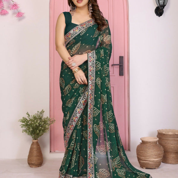 Ai Fashion Green Georgette Rajwadi Bandhani Print Party Wear Saree